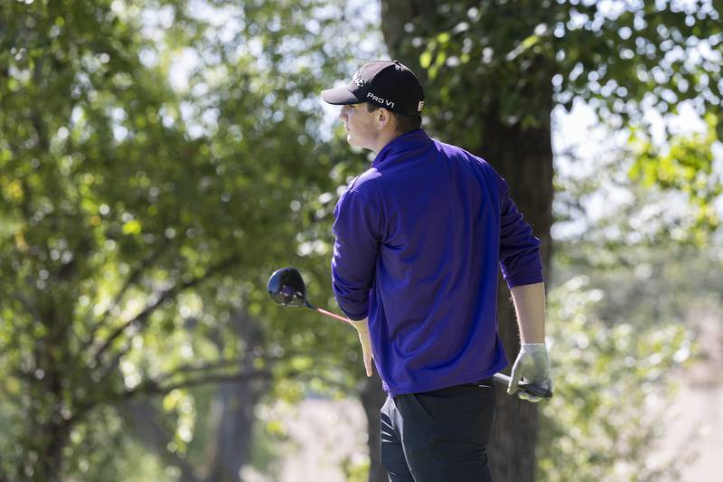 Dixon’s Max Kitzman watches his tee shot on #10 Wednesday, Oct. 2, 2024 at Emerald Hill in Sterling.