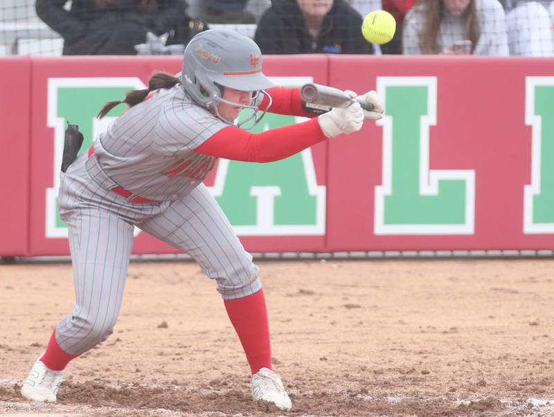 L-P's Grace Pecchio bunts the ball foul on Monday, April 21, 2025 at the L-P Athletic Complex in La Salle.