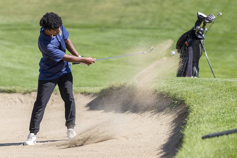 Sterling’s Maurice DeLaCruz fires out of the trap on #3 Wednesday, Oct. 2, 2024 at Emerald Hill in Sterling.