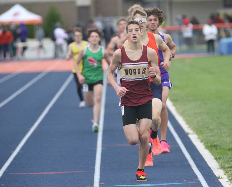Morris' Cuyler Swanson wins the 3,200 during the Class 2A Pontiac Sectional on Wednesday, May 21, 2025.