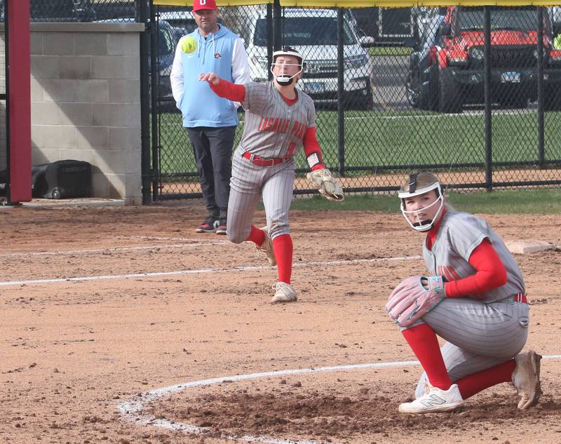 L-P third baseman Allie Thome throws across the diamond to force out an Ottawa player on Monday, April 21, 2025 at the L-P Athletic Complex in La Salle.