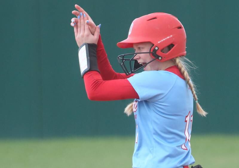 Ottawa's Rylee Harsted reacts after reaching second base on after hitting a double against L-P on Monday, April 21, 2025 at the L-P Athletic Complex in La Salle.